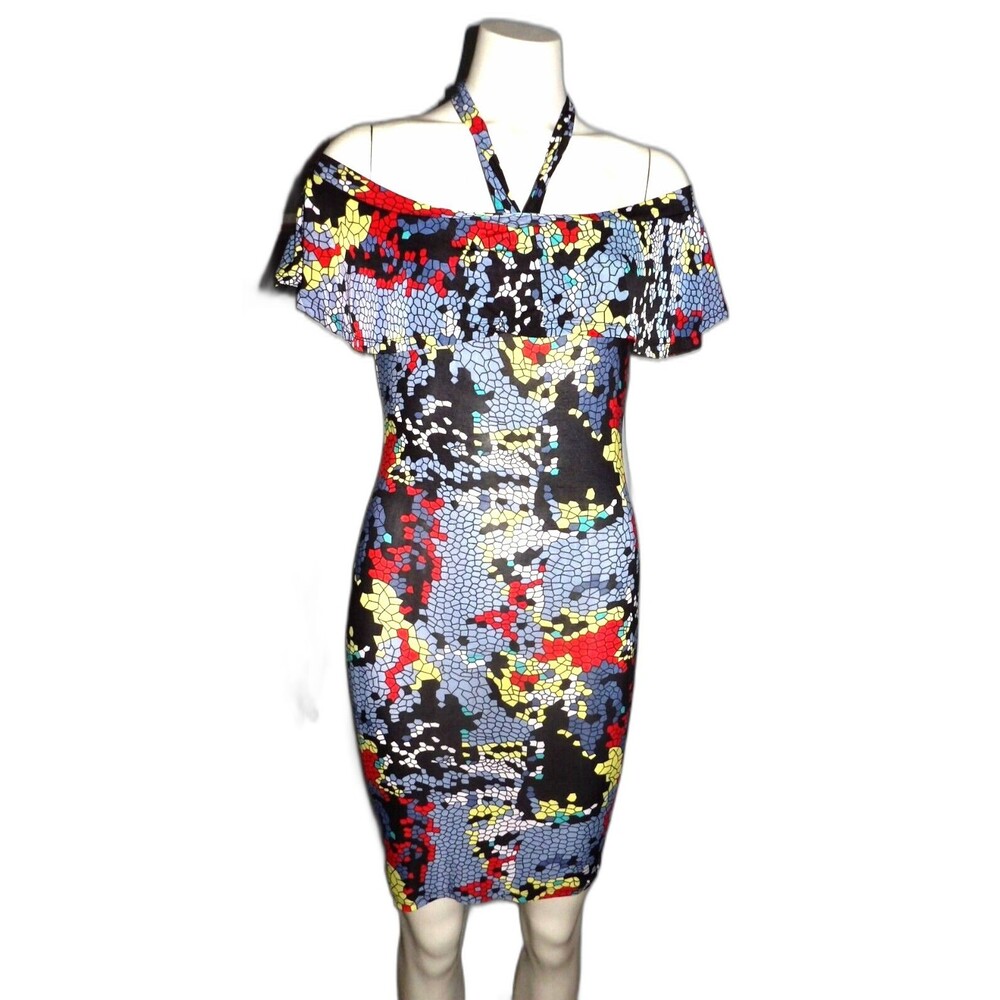 Fashion Olivia Halter Style Bodycon Stretchy Dress Color Block Off Shoulder READ